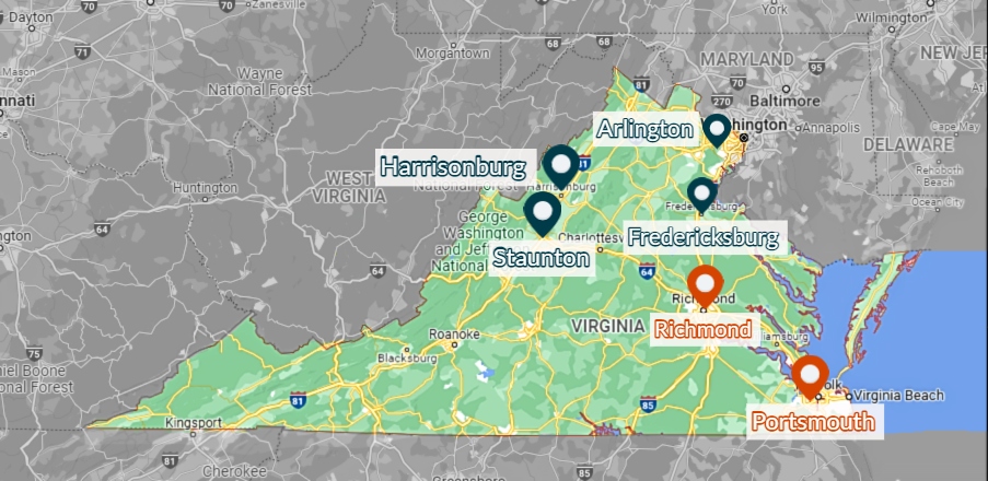 Ready for 100 localities on a map of VA. Including Staunton, Arlington, Harrisonburg, Fredericksburg,Richmond,Portmouth